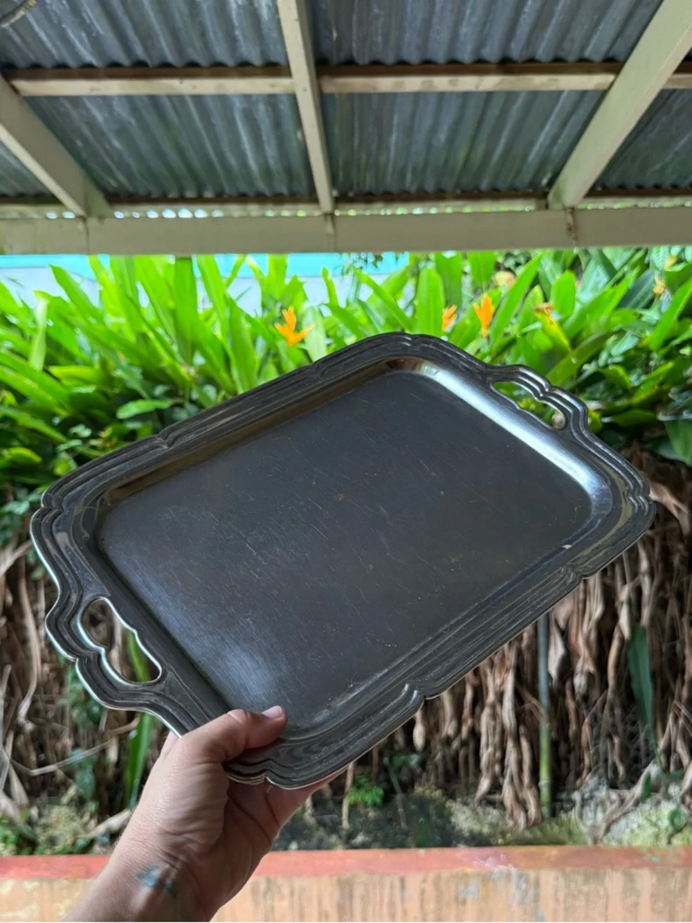 Vintage Silver Tone‎ Metal Serving Tray Ornate Handles Rectangle Vanity Tray